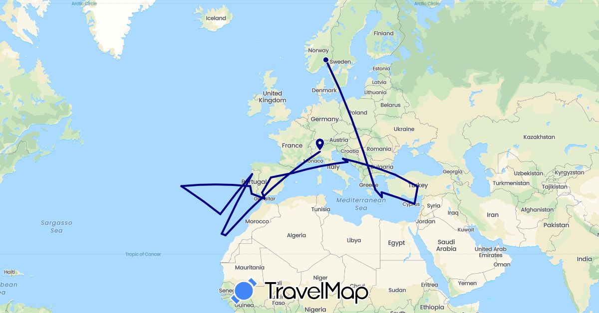 TravelMap itinerary: driving in Cyprus, Spain, Gibraltar, Greece, Croatia, Italy, Norway, Portugal, Turkey (Asia, Europe)