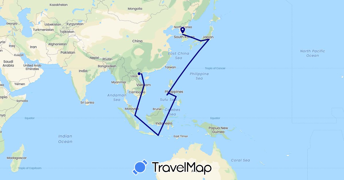 TravelMap itinerary: driving in Indonesia, Japan, South Korea, Philippines, Singapore, Vietnam (Asia)
